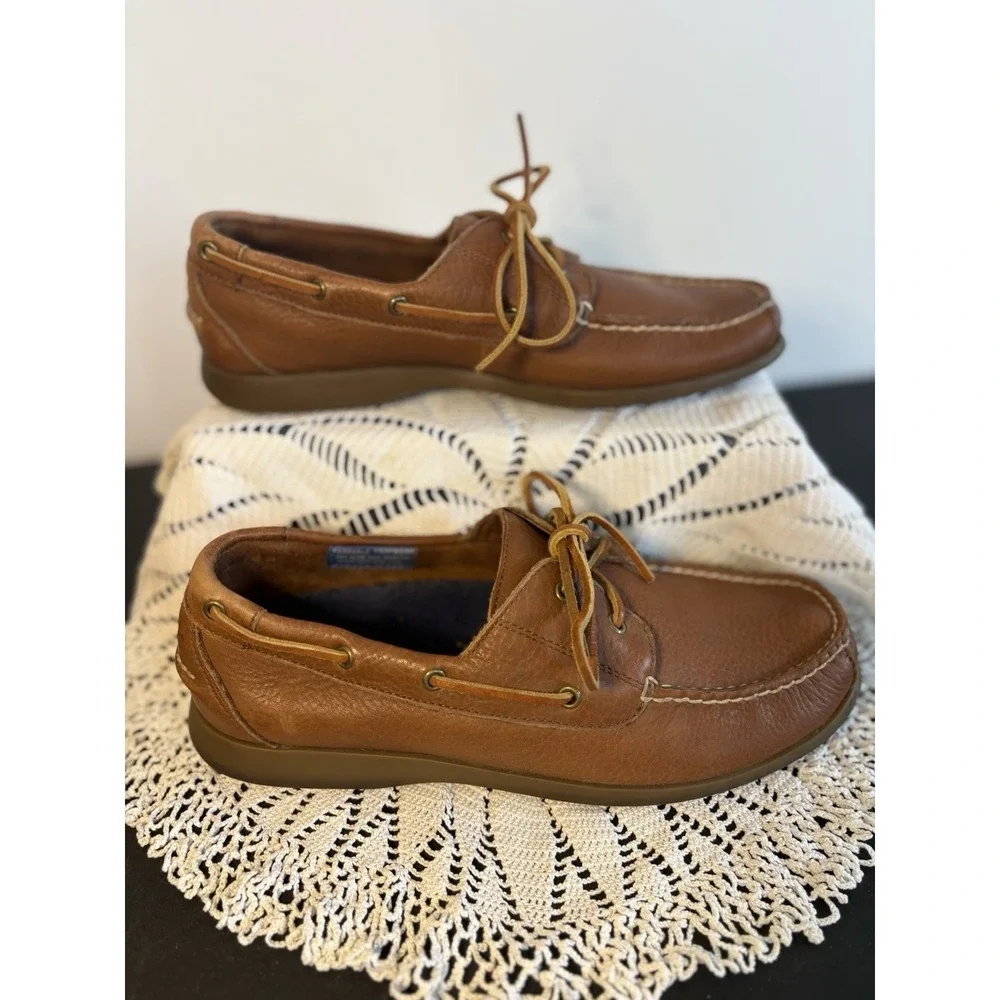 Rockport Men's 9 Leather Boat Shoes Genuine Handsewn Brown Loafers Moc Toe Laced